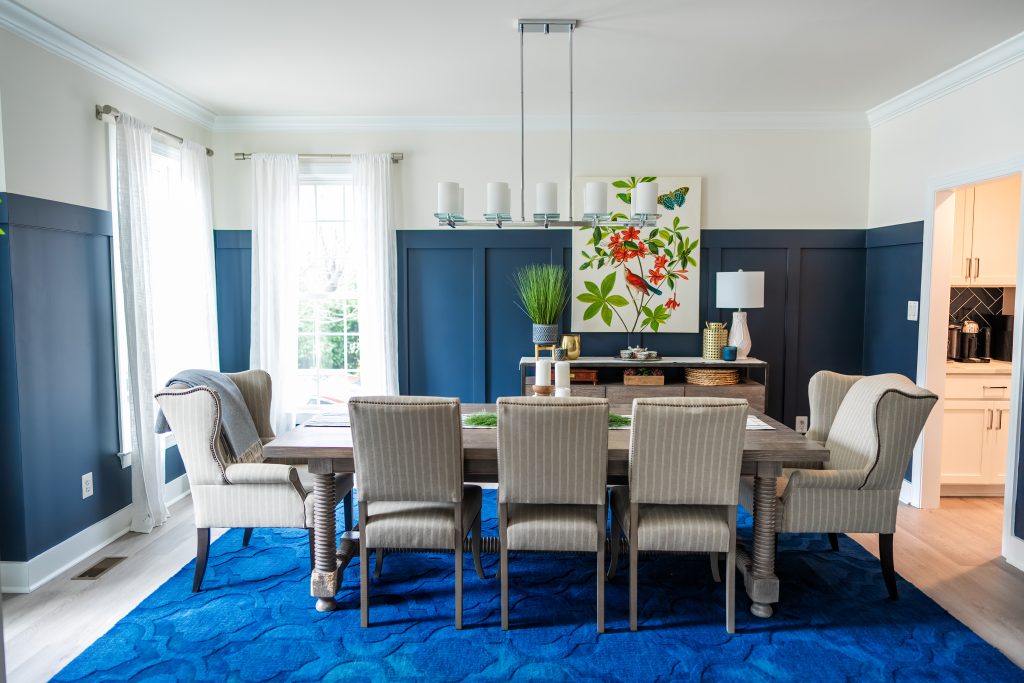 dining room with blue accents